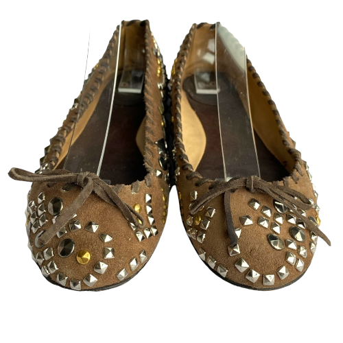 DOLCE & GABBANA Brown Nubuck Gold & Silver Studded Ballet Flats, Size 37
