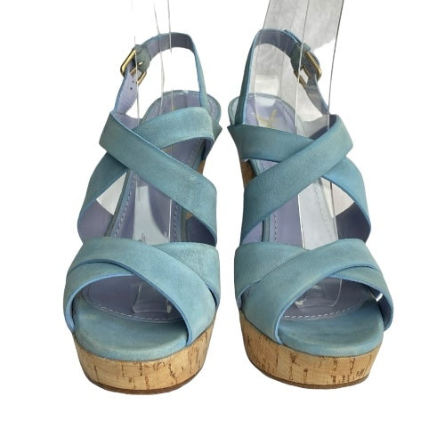 YVES Saint Laurent Lauren Blue Suede Crisscross Strappy Cork Wedge Sandals, 36.5