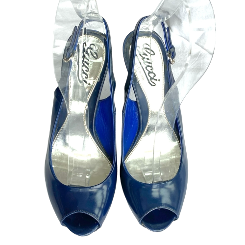 GUCCI Navy Patent Leather Peep Toe Slingback Platform Pumps, Size 36