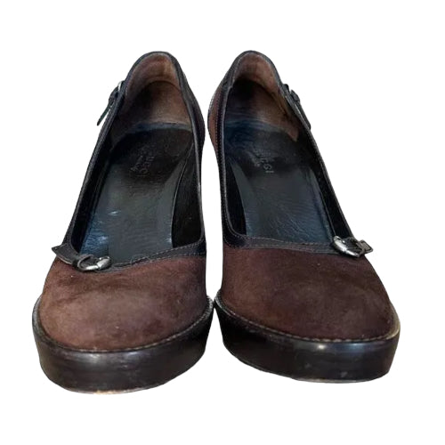 GUCCI Brown Suede And Leather Trim Buckle Detail Round Toe Pumps, Size 35.5