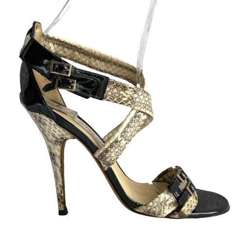 JIMMY CHOO Aby Snakeskin & Black Patent Leather Crisscross Sandals, Size 37.5