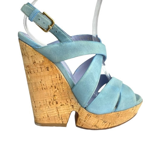 YVES Saint Laurent Lauren Blue Suede Crisscross Strappy Cork Wedge Sandals, 36.5