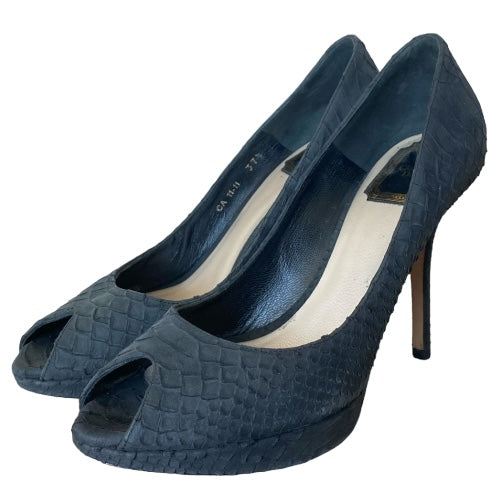 CHRISTIAN DIOR Miss Dior Black Python Leather Peep Toe Pumps, Size 37.5