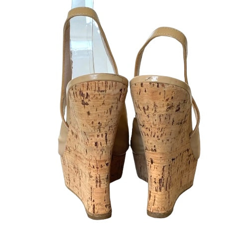 MIU MIU Beige Patent Leather Peep Toe Slingback Cork Wedge Sandals, Size 38