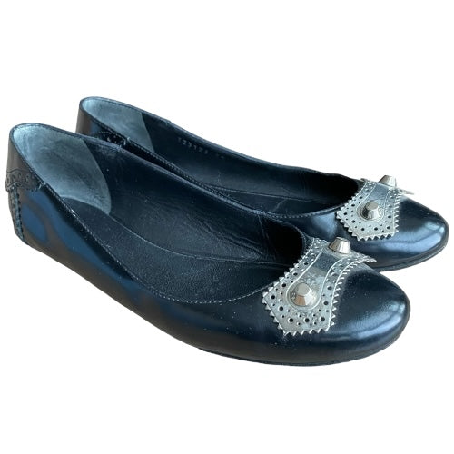 BALENCIAGA Arena Black Brogue Glossy Leather Metal Ballet Flats, Size 37