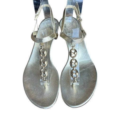 GUCCI Metallic Gold Leather Marina Chain T Strap Block Heel Sandals, Size 36