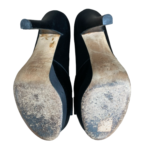 FENDI Black Satin Bow Peep Toe Platform Pumps, Size 37.5