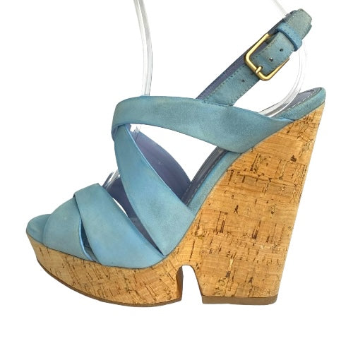 YVES Saint Laurent Lauren Blue Suede Crisscross Strappy Cork Wedge Sandals, 36.5