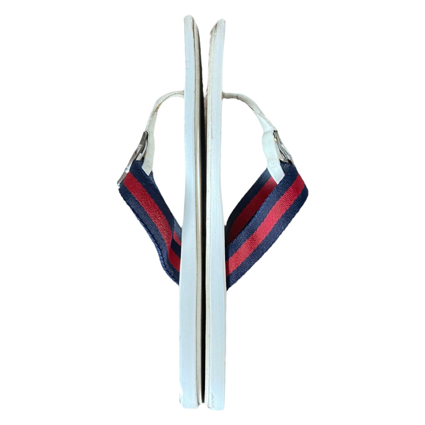 GUCCI White Enamel GG Web Flip Flops Navy & Red Flat Thong Sandals, Size 39