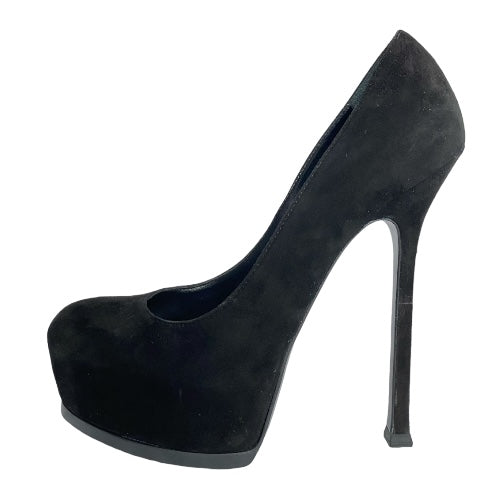 YSL YVES SAINT LAURENT Black Suede Tribtoo Tribute Platform Pumps, Size 37.5