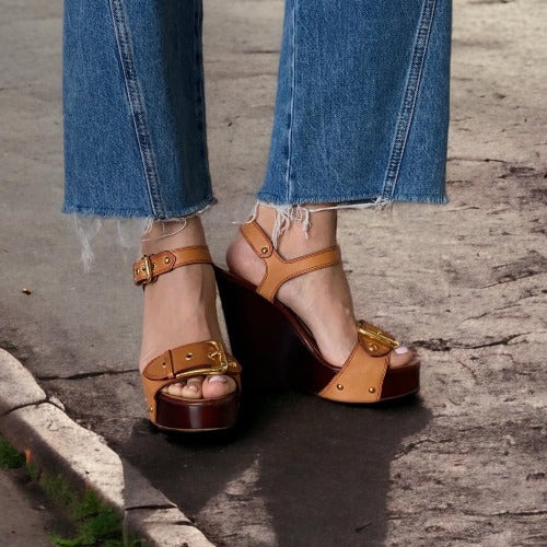 GIUSEPPE ZANOTTI Brown Leather, Wooden Heel, Gold Buckle Wedge Sandals , Size 39