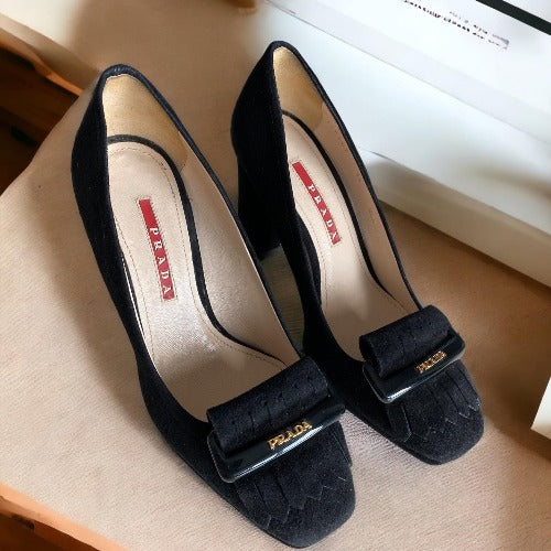 PRADA Black Suede, Logo Buckle & Fringe Block Heel Pumps, Size 35
