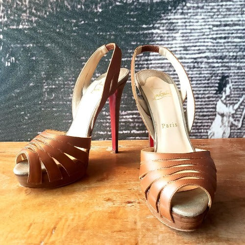 CHRISTIAN LOUBOUTIN Samaya Brown Leather Cut Out Peep Toe Heels Sandals, Size 39