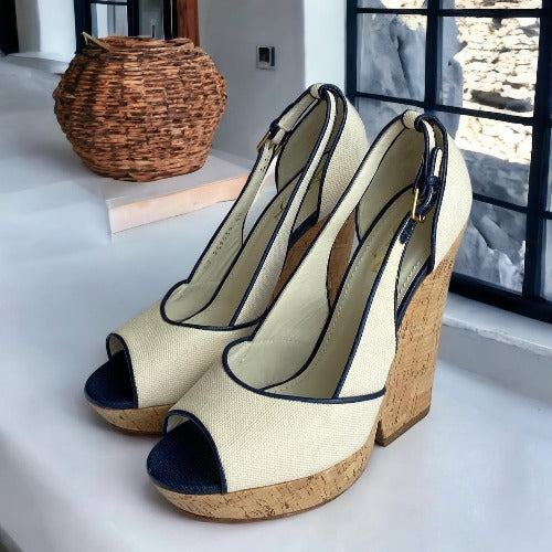 NEW YVES SAINT LAURENT Deauville Canvas Peep Toe Wedge Cork Sandals Ivory, Size 40