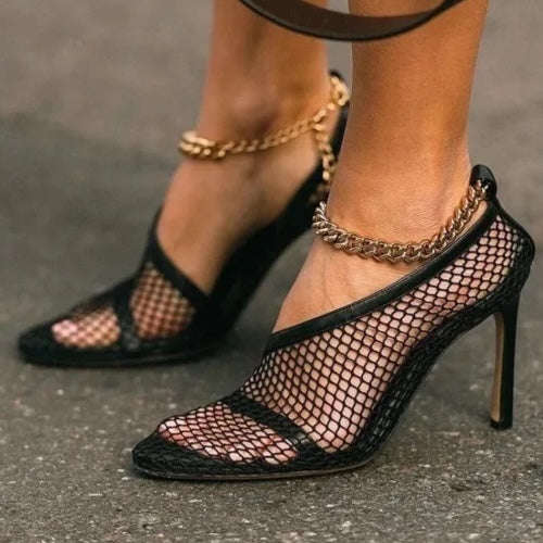 BOTTEGA VENETA Black Mesh & Leather Trims Chain Ankle Strap Cuff Pumps, Size 41