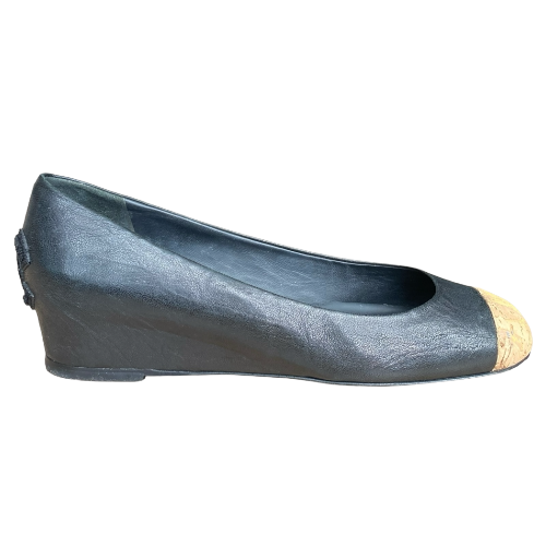 CHANEL Black Leather Cork Cap Toe Wedge Low Heel Pumps, Size 38