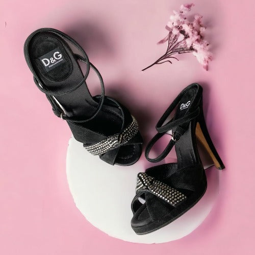 NEW DOLCE GABBANA Black Rhinestone Suede Ankle Strap Heeled Sandals, Size 36