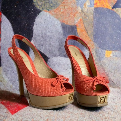 FENDI Coral Python Embossed Leather Fendista Bow Slingback Sandals, Size 39