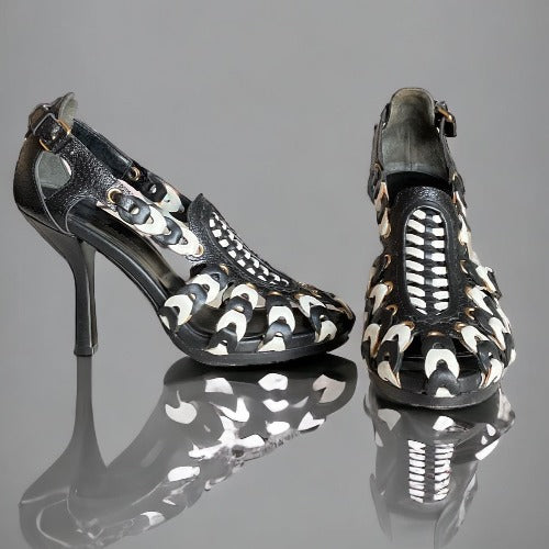 BALENCIAGA Black & White Morocco Leather Sandals Nicolas Ghesquiere 2008, Size 36.5