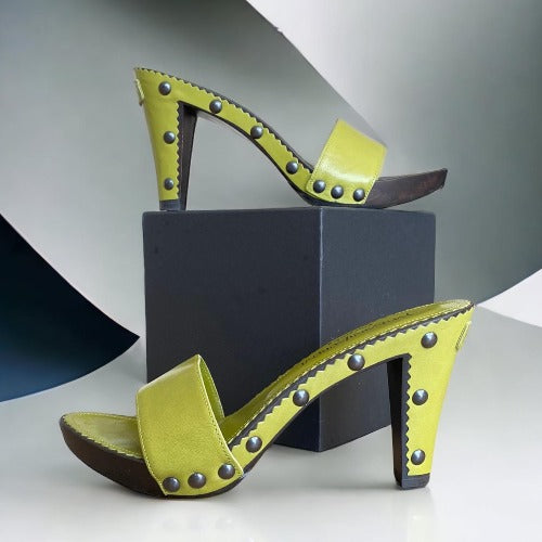 NEW YVES SAINT LAURENT Lola 75 Green Leather, Studded, Wooden Slides, Size 40