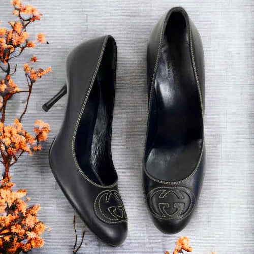GUCCI Black Leather GG Stitched Embroidered Logo Heel Pumps, Size 36
