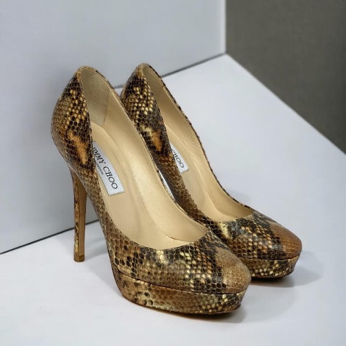 JIMMY CHOO Beige Brown Multicolor Python Platform Heel Pumps, Size 37