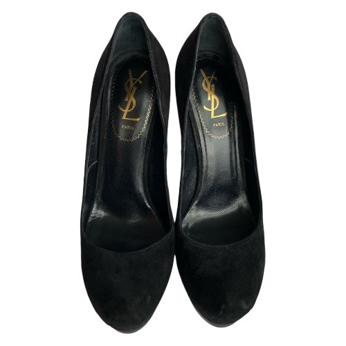YSL YVES SAINT LAURENT Black Suede Tribtoo Tribute Platform Pumps, Size 37.5