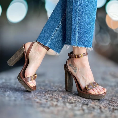 NEW $795 STELLA MCCARTNEY Brown Ankle Wrap Platform Cork Sandals, Size 40.5