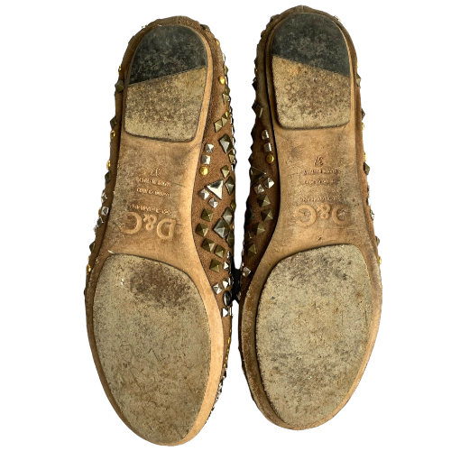 DOLCE & GABBANA Brown Nubuck Gold & Silver Studded Ballet Flats, Size 37