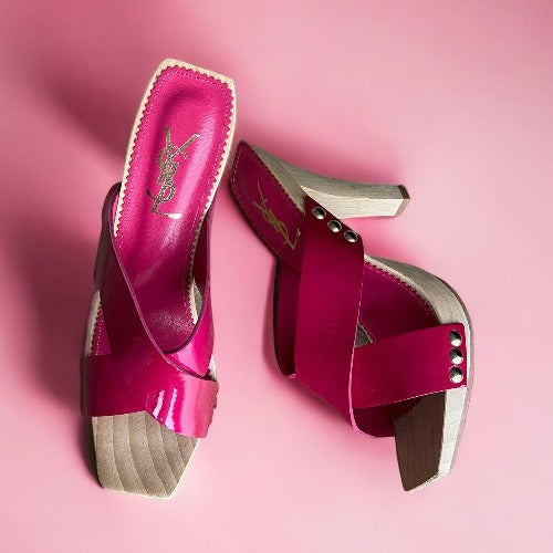 NEW YVES SAINT LAURENT Rive Gauche Pink Patent Leather Lolita Slides Mules, 39