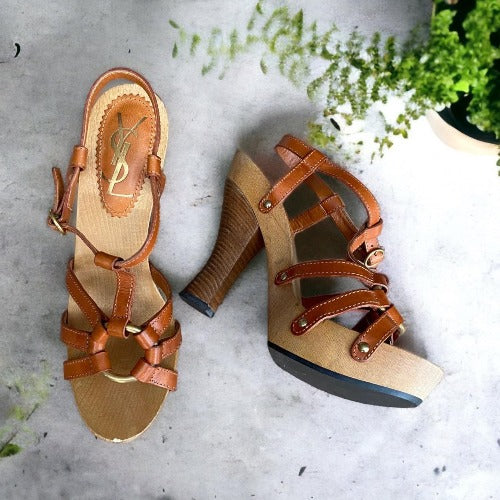 YSL YVES SAINT LAURENT Brown Leather Strappy, Wood Clog Platform Sandals Size 38
