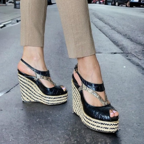 CHRISTIAN DIOR Black Beige Python Wedge Espadrille Sandals, Size 40