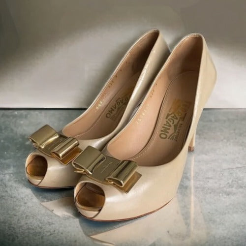 SALVATORE FERRAGAMO Poudre Leather Metal Bow  Peep Toe Platform Pumps, Size 36