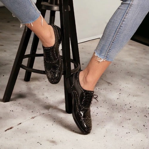 CHURCH’S Burwood Met. Polished Binder Brogue Studded Black Oxford, Size 37.5