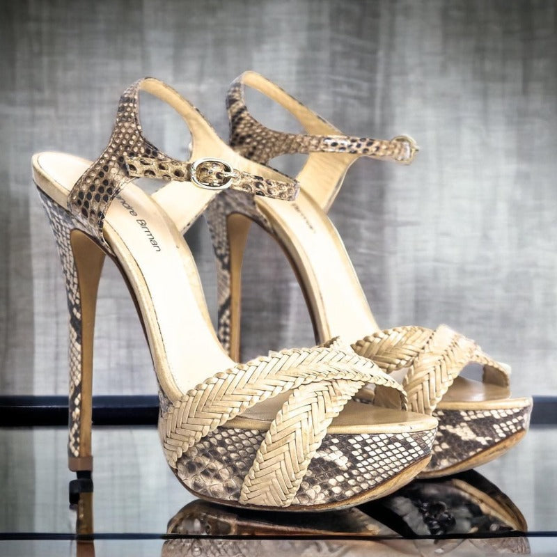 ALEXANDRE BIRMAN Beige Python Criss Cross Ankle Strap Platform Sandals, Size 36