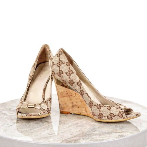 GUCCI Beige/Ebony GG Canvas Cyprus Cork Wedges, Size 37.5