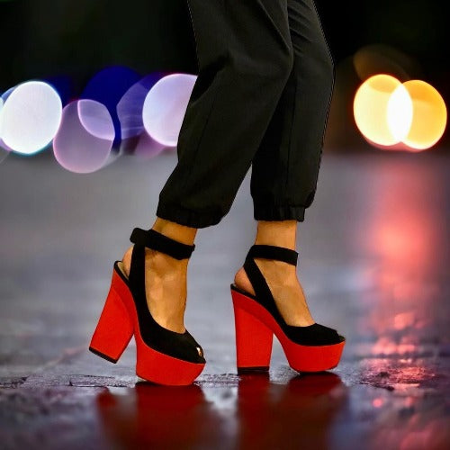CELINE Black Suede Ankle Strap, Red Leather Platform Peep Toe Sandals, Size 38.5