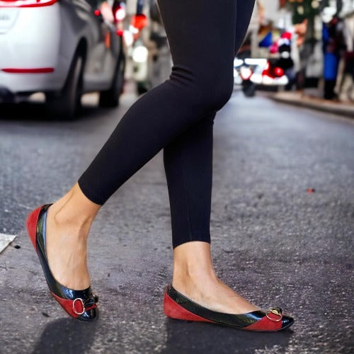 GUCCI Black Patent Leather Red Suede Bamboo Horsebit Ballerina Flats, Size 38.5