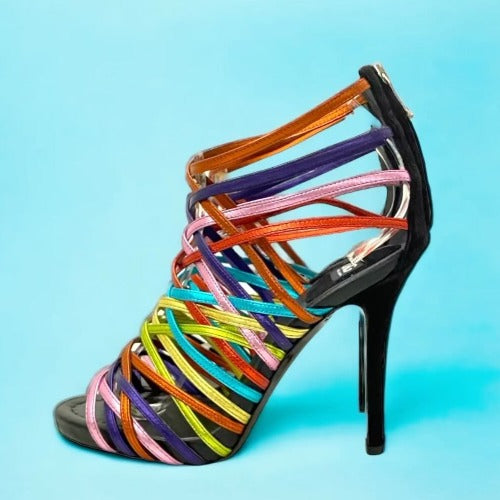 NEW DOLCE&GABBANA Metallic Rainbow Color Leather Strappy Heeled Sandals, 36.5
