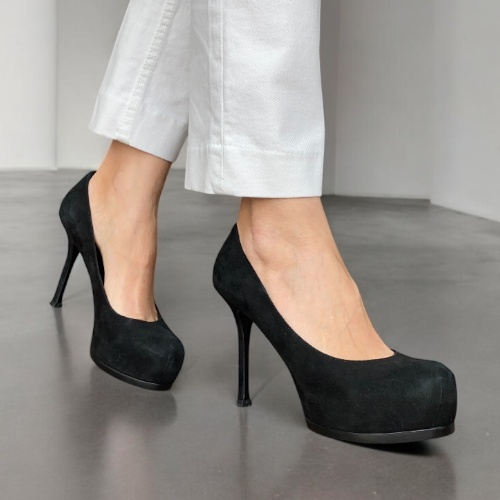 YSL YVES SAINT LAURENT Black Suede Tribtoo Tribute Platform Pumps, Size 38.5