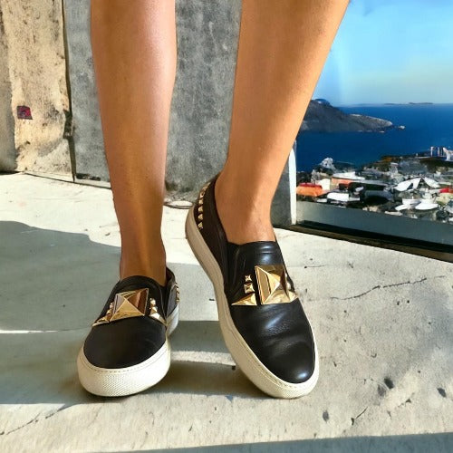 GIVENCHY Black Leather Gold Stud Embellished Skate Sneakers, Size 38