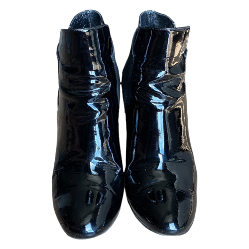 CASADEI Black Patent Leather Gold Chain Accent Block Heel Boots, Size 40