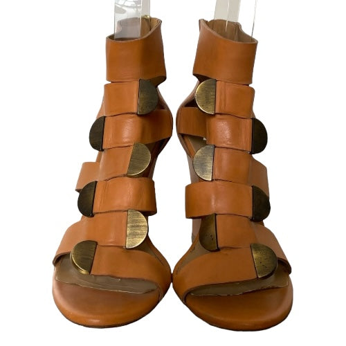 BALENCIAGA Camel Leather Strappy Gladiator Bronze Buckle Wedge Sandals, Size 40