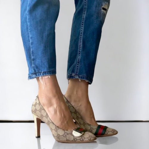 GUCCI Beige Canvas GG Monogram Web Detail Almond Toe Heels, Size 36.5