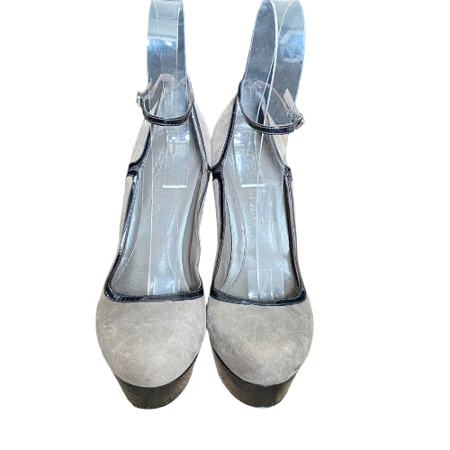 ALEXANDER MCQUEEN Gray Suede Ankle Strap Platform Horn Heel Pumps, Size 37