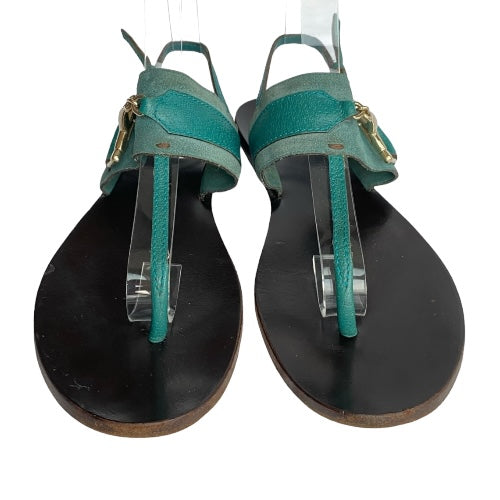 GUCCI Teal Green Nubuck & Leather Horsebit Buckle Flat Thong Sandals, Size 38.5