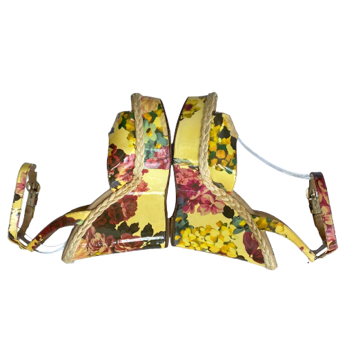 DOLCE & GABBANA Multicolor Patent Leather Floral Print Wedge Sandals, Size 38