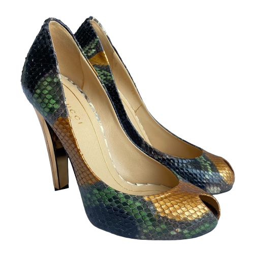 GUCCI Multicolor Python Leather Peep Toe Gold Mirror Effect Heel Pumps, Size 36