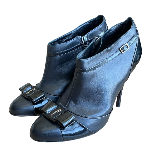 SALVATORE FERRAGAMO Black Leather Patent Bow & Buckle Detail Ankle Boots, 40