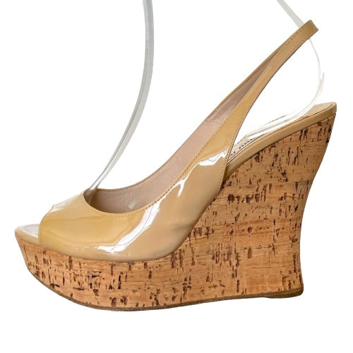 MIU MIU Beige Patent Leather Peep Toe Slingback Cork Wedge Sandals, Size 38